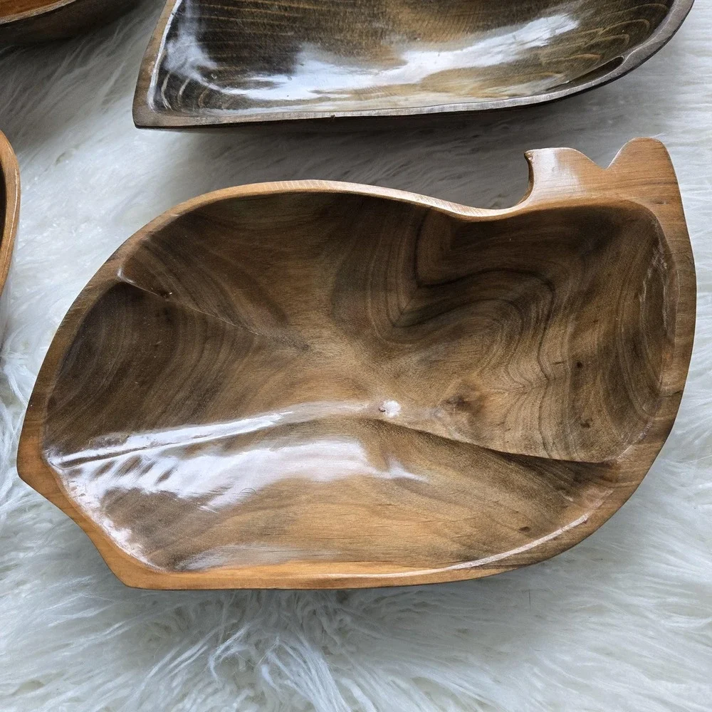 Wood Monkey Pod Salad Bowls Vintage Kitsch MCM Salad‎ Dinnerware Serving